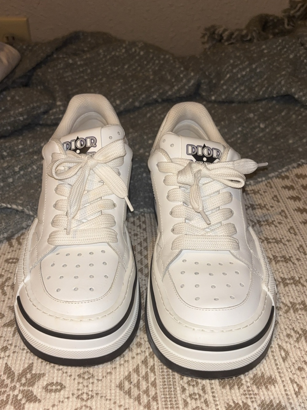 Dior White Leather Platform Low-Top Sneakers with Black Trim